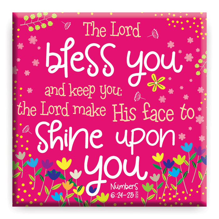 The Lord Bless You and Keep You, Pink Fridge Magnet With Bible Verse Numbers 6: 24-26 Size 6.5cm Square