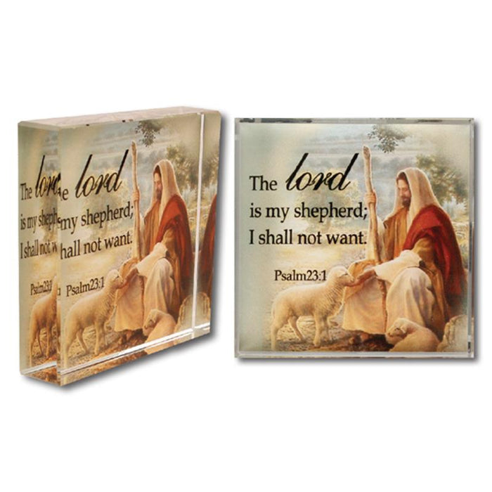 The Lord Is My Shepherd I Shall Not Want, 7.5cm / 3 Inch Square Glass Block With Bevelled Edges With Bible Verse From Psalm 23:1
