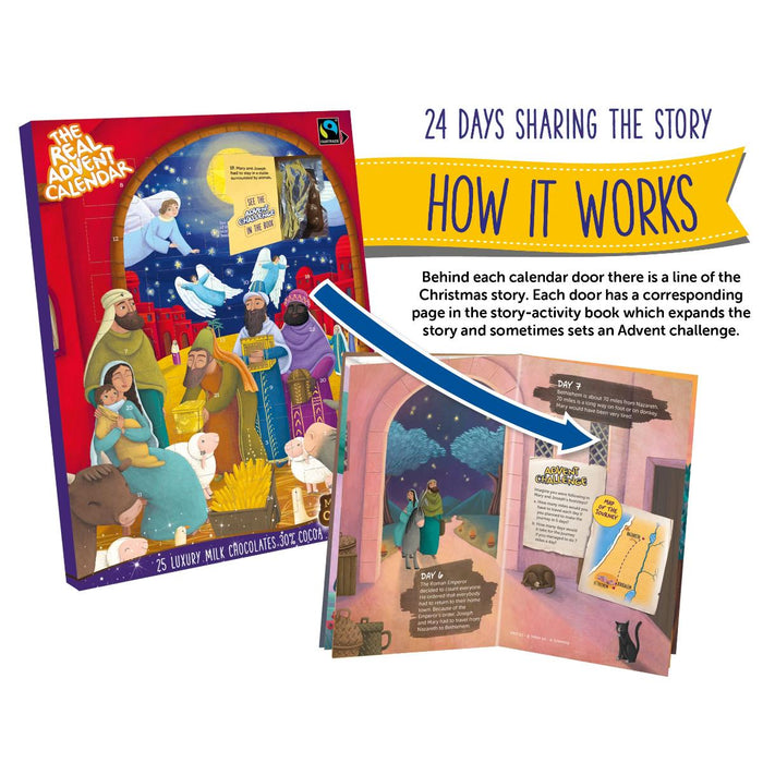 Advent calendar with Nativity scene illustration and text explaining the story and activity pages.