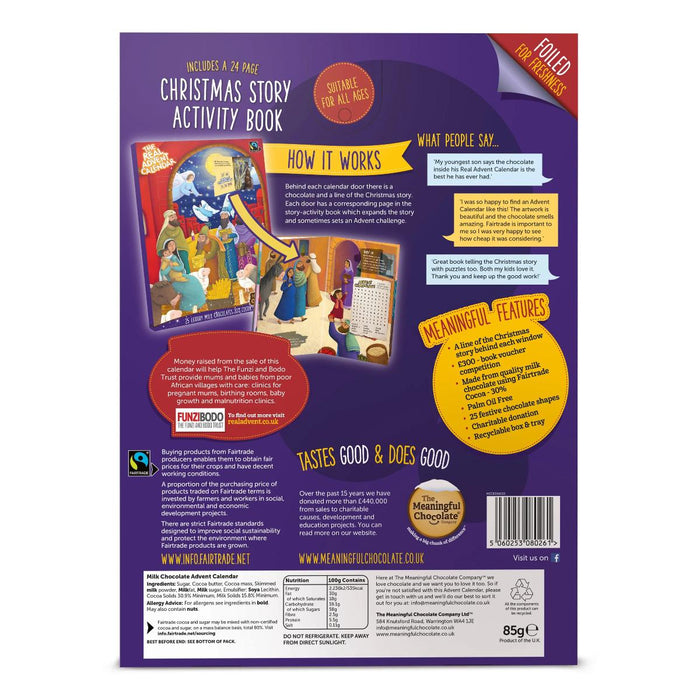 Back of a chocolate product packaging with Christmas story activity book and branding details.