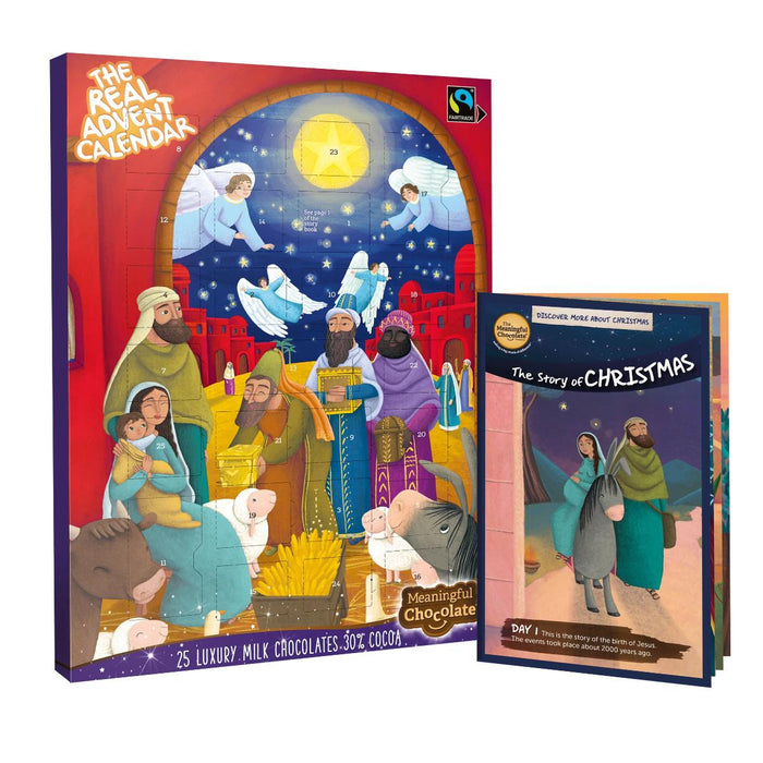 Advent calendar with nativity scene illustration and 'The Story of Christmas' book