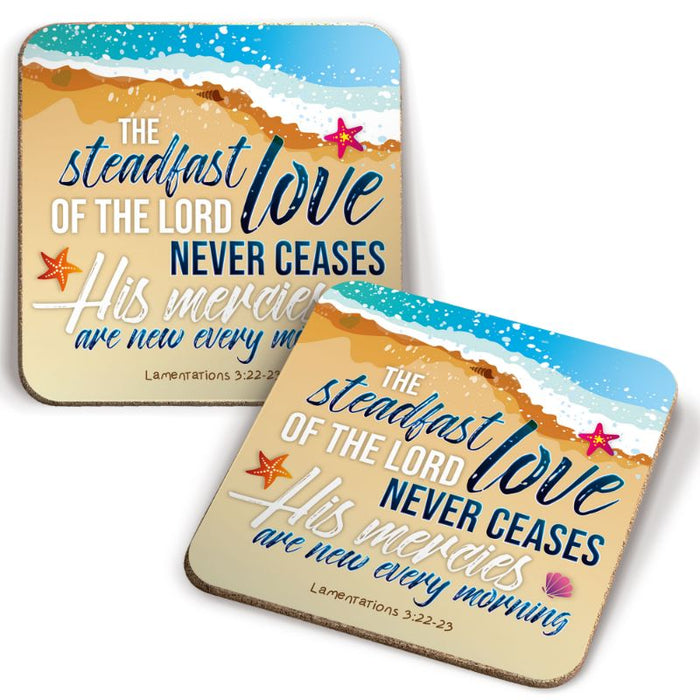 The Steadfast Love of the Lord Never Ceases, Coaster Beach With Bible Verse Lamentations 3: 22-23 Size 9.5cm Square - MULTI BUY Offers Available