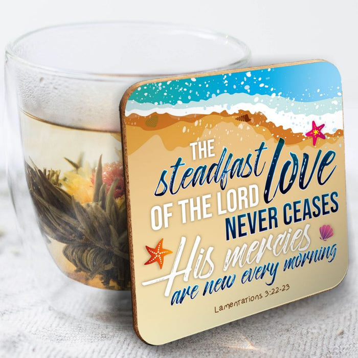 The Steadfast Love of the Lord Never Ceases, Coaster Beach With Bible Verse Lamentations 3: 22-23 Size 9.5cm Square - MULTI BUY Offers Available