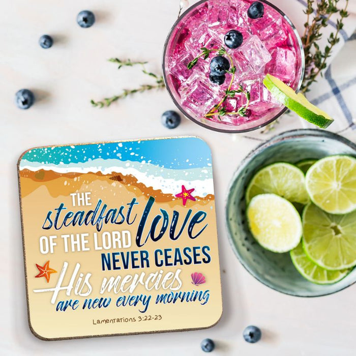 The Steadfast Love of the Lord Never Ceases, Coaster Beach Design With Bible Verse Lamentations 3: 22-23 Size 9.5cm / 3.75 Inches Square