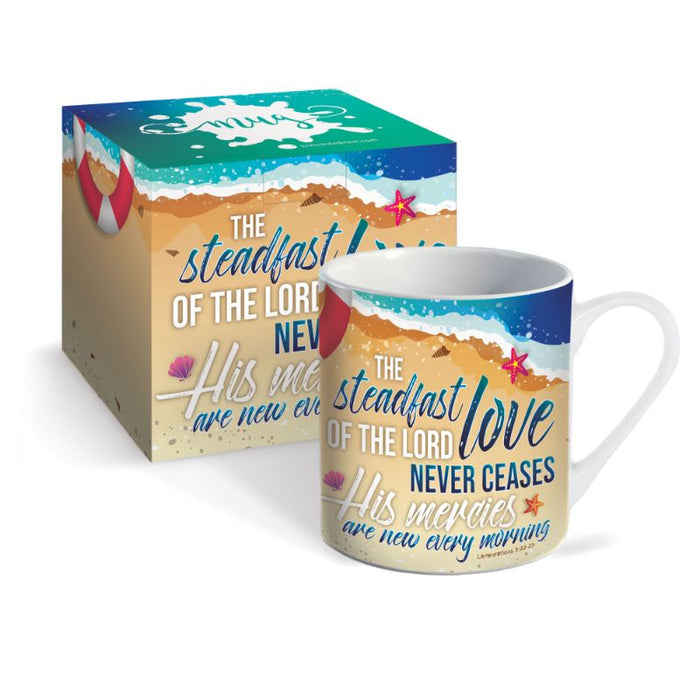The Steadfast Love of the Lord Never Ceases, Gift Boxed Bone China Mug With Bible Verse Lamentations 3:22-23 Size 9cm / 3.5 Inches High