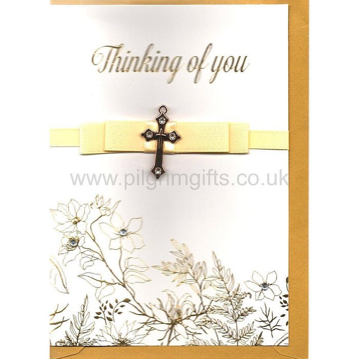 Thinking Of You - Handcrafted 3 Dimensional, Greetings Card - With Gold Cross and Diamanté Stones