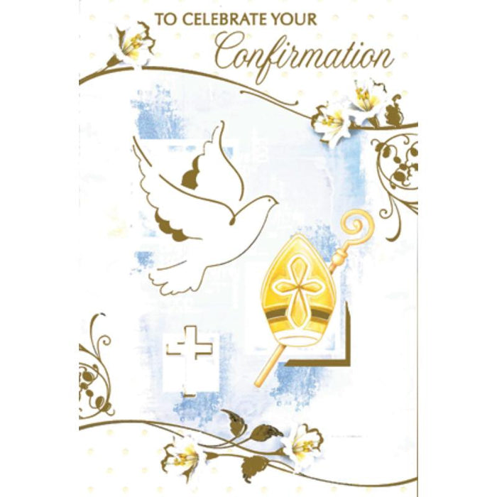 To Celebrate Your Confirmation Greetings Card - Holy Spirit and Mitre Design
