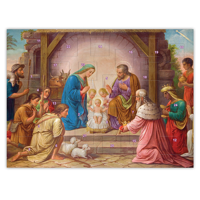 Advent calendar with nativity scene design featuring Mary, Joseph, and baby Jesus.