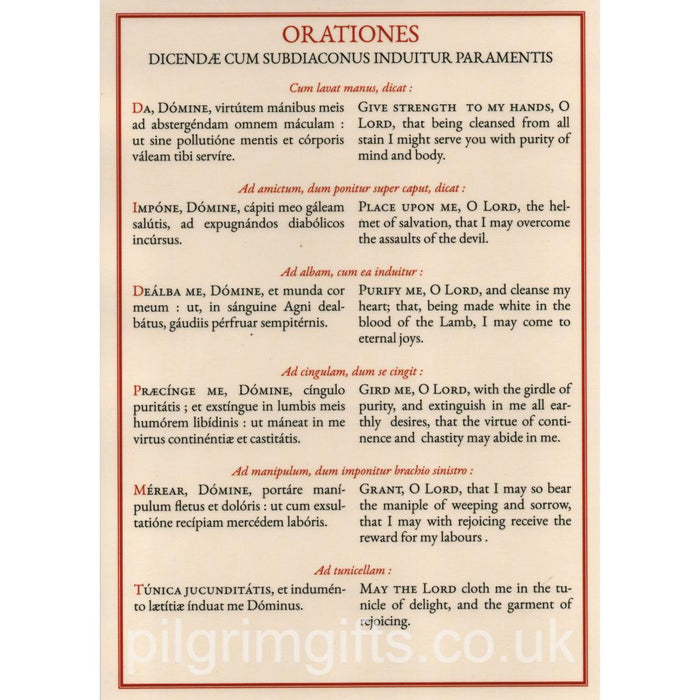 Vesting Prayers In Latin and English, For a Sub Deacon - A4 Size Laminated Altar Card