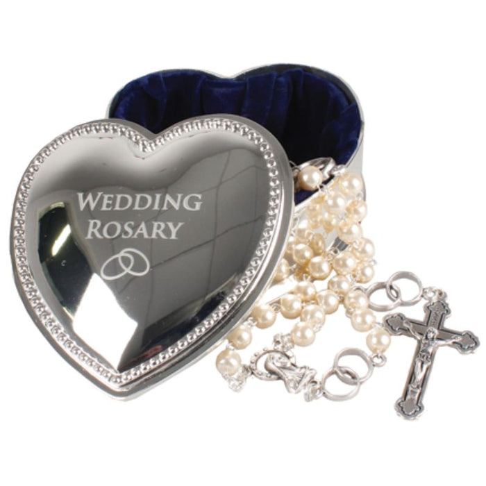 Wedding Rosary with Pearl Beads and Pairs of Rings, Complete with a Quality Heart Shaped Gift Case