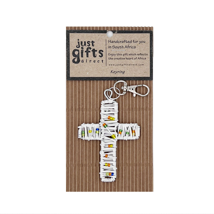 White and Coloured Beaded Cross - Handmade Snaphook Keyring - Handcrafted In South Africa 7.5cm High