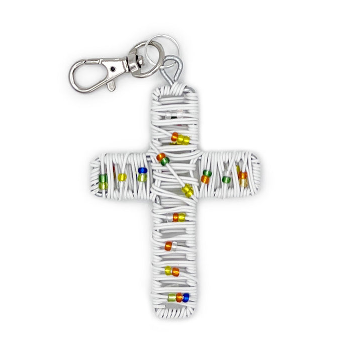 White and Coloured Beaded Cross - Handmade Snaphook Keyring - Handcrafted In South Africa 7.5cm High