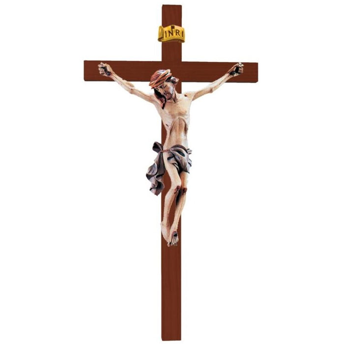 Wood Carved Crucifix, Body of Christ With Blue Coloured Loincloth on a Straight Edge Dark Coloured Cross, Available In 12 Sizes