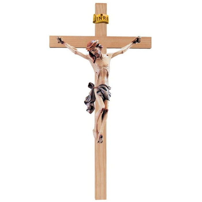 Wood Carved Crucifix, Body of Christ With Blue Coloured Loincloth on a Straight Edge Light Coloured Cross, Available In 12 Sizes