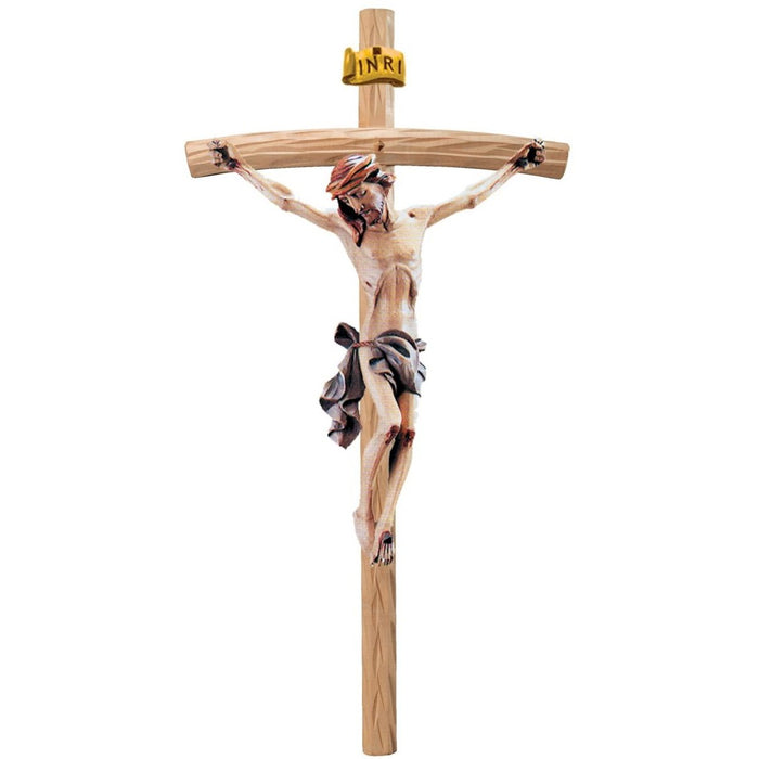 Curved Bar Wood Carved Crucifix, Body of Christ With Blue Loincloth, Available In 12 Sizes