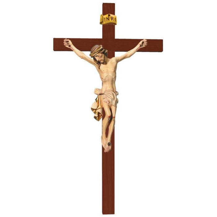 Wood Carved Crucifix, Body of Christ With Cream/White Coloured Loincloth on a Straight Edge Dark Coloured Cross, Available In 12 Sizes