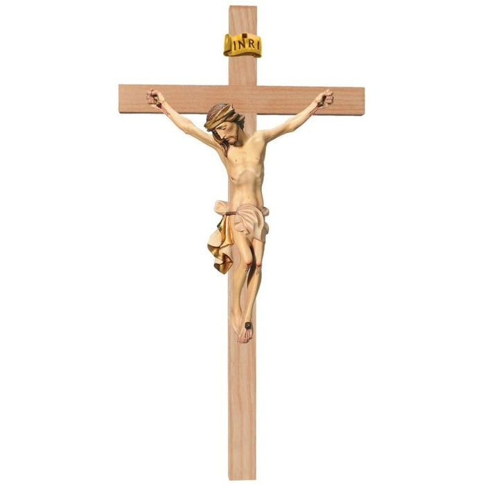 Wood Carved Crucifix, Body of Christ With Cream/White Coloured Loincloth on a Straight Edge Light Coloured Cross, Available In 12 Sizes