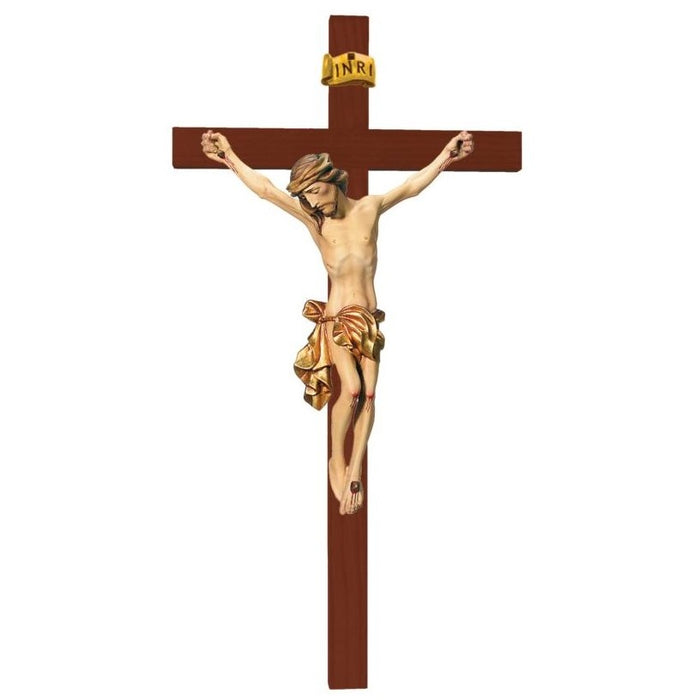 Wood Carved Crucifix, Body of Christ With Gilded Loincloth on a Straight Edge Dark Coloured Cross, Available In 12 Sizes