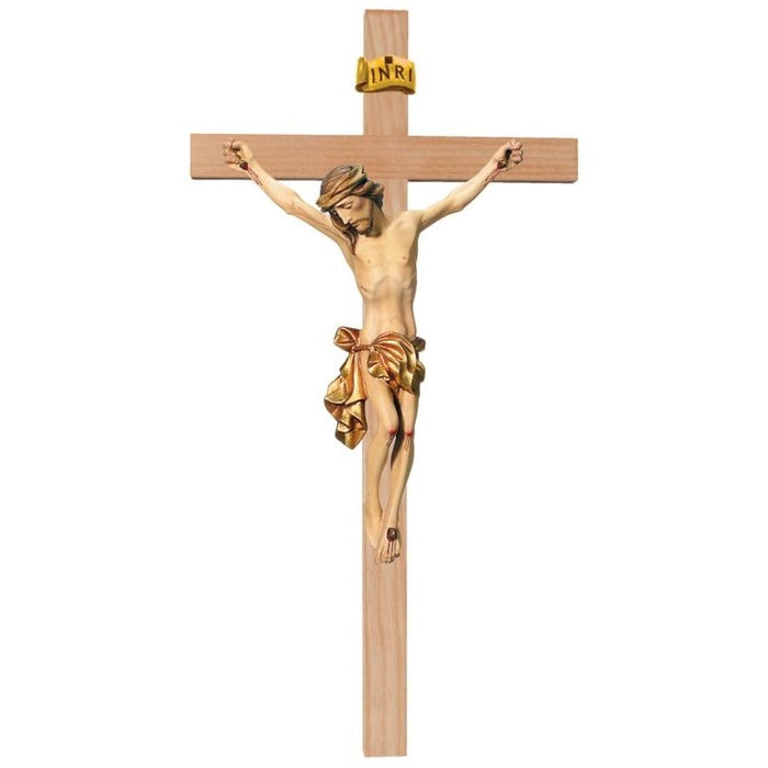 Wood Carved Crucifix, Body of Christ With Gilded Loincloth on a Straight Edge Light Coloured Cross, Available In 12 Sizes