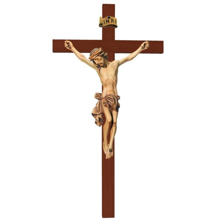 Wood Carved Crucifix, Body of Christ With Natural Coloured Loincloth on a Straight Edge Dark Coloured Cross, Available In 12 Sizes