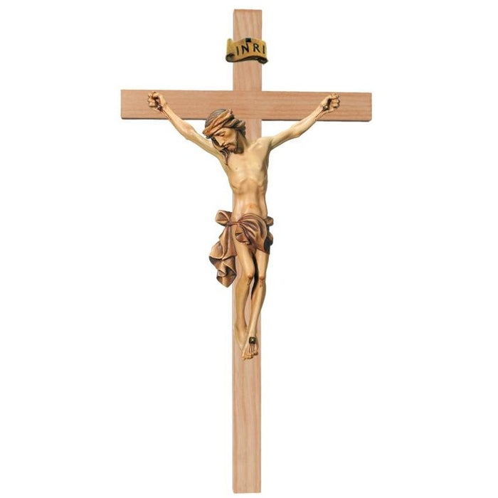 Wood Carved Crucifix, Body of Christ With Natural Coloured Loincloth on a Straight Edge Light Coloured Cross, Available In 12 Sizes