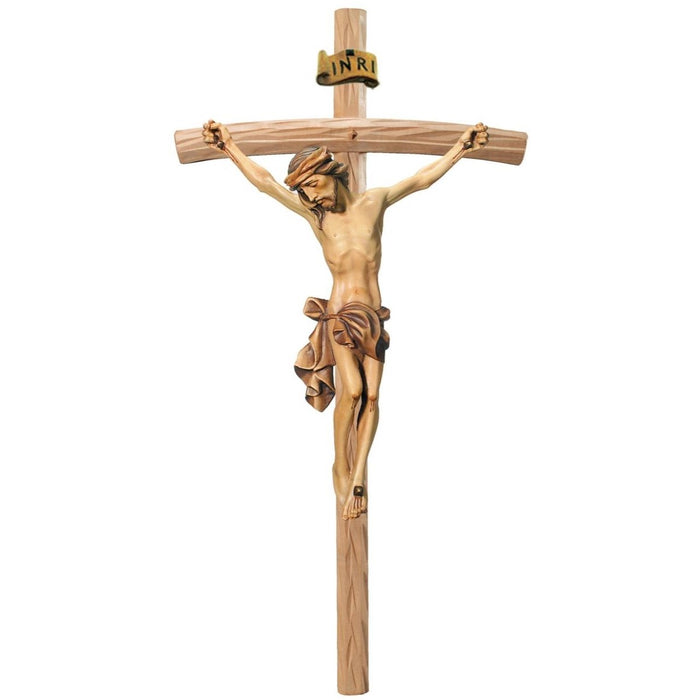 Curved Bar Wood Carved Crucifix, Body of Christ With Natural Light Brown Finish, Available In 12 Sizes