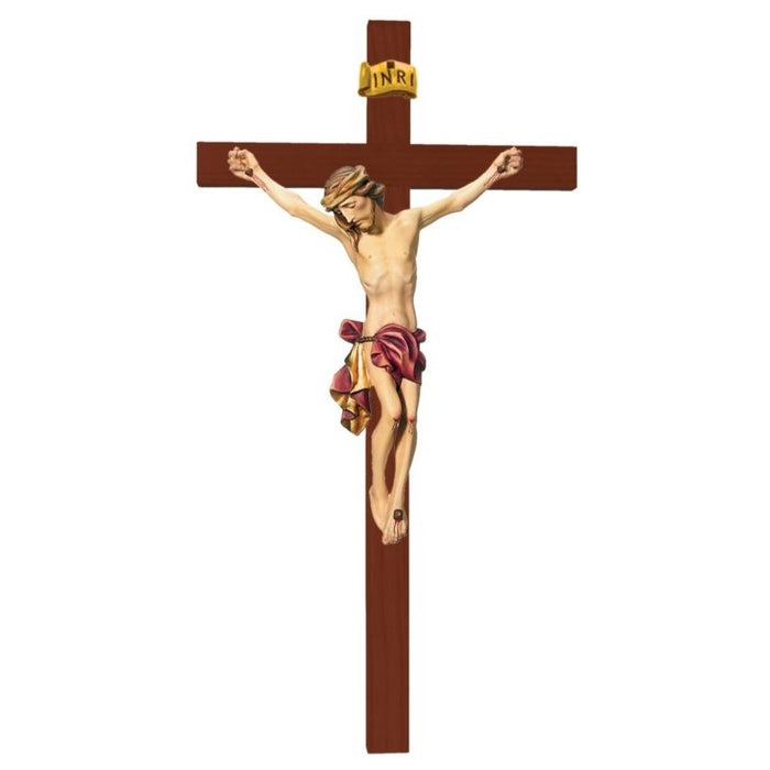 Wood Carved Crucifix, Body of Christ With Red Coloured Loincloth on a Straight Edge Dark Coloured Cross, Available In 12 Sizes