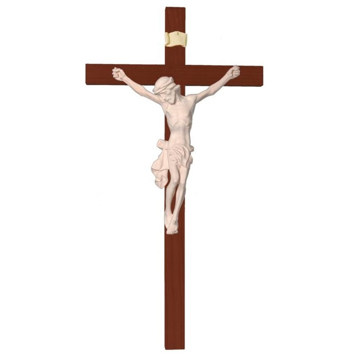 Wood Carved Crucifix, Light Maple Wood Body of Christ on a Straight Edge Dark Coloured Cross, Available In 12 Sizes