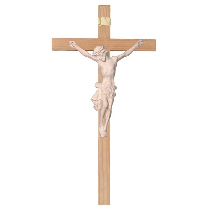 Wood Carved Crucifix, Light Maple Wood Body of Christ on a Straight Edge Light Coloured Cross, Available In 12 Sizes