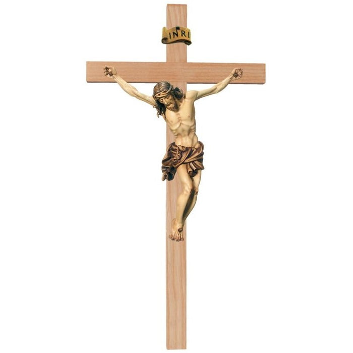 Wood Carved Crucifix Baroque Style Body of Christ With Natural Coloured Loincloth on a Light Coloured Cross, Available In 12 Sizes