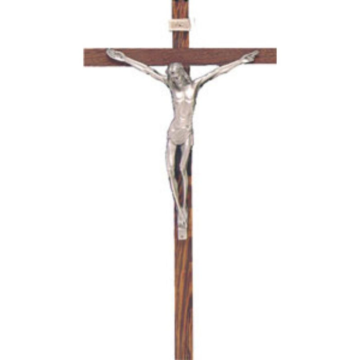 Wooden Crucifix With Silver Metal Figure, 38cm / 14.5 Inches High