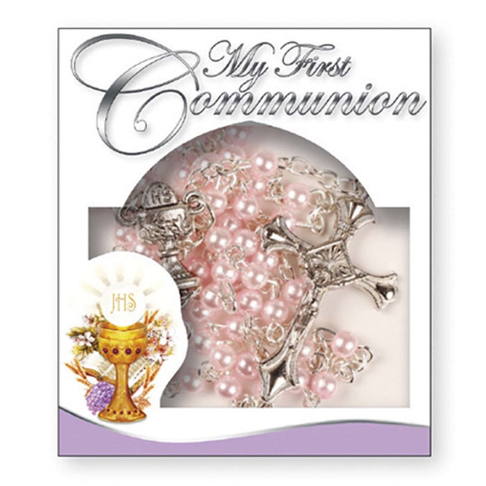 First Holy Communion Rosary Imitation Pale Pink Pearl Beads, With Presentation Gift Box