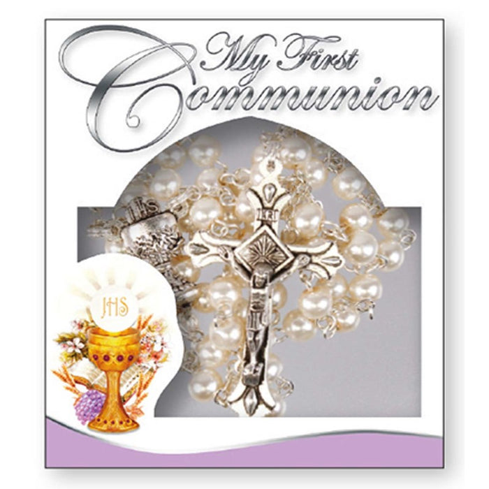 First Holy Communion Rosary Imitation Pearl Beads, With Presentation Gift Box