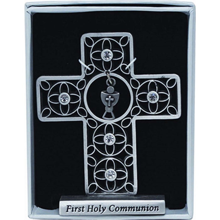 First Holy Communion Engraved Standing Cross 3 inches High, Decorated With 5 Crystal Stones