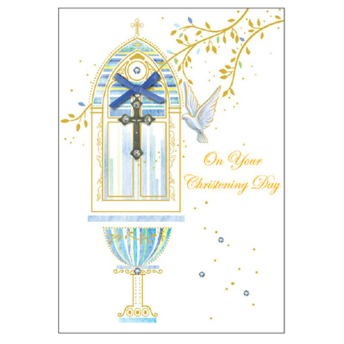 On Your Christening Day, Handcrafted Greetings Card With Blue Ribbon & Metal Cross