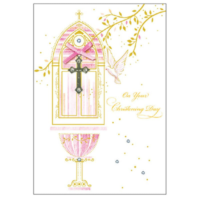 On Your Christening Day, Handcrafted Greetings Card With Pink Bow & Metal Cross