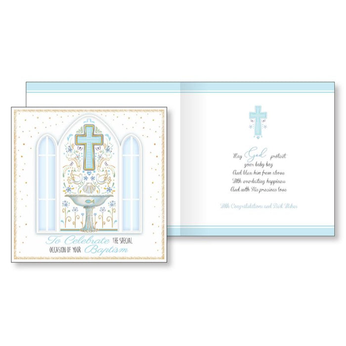 To Celebrate The Special Occasion Of Your Baptism Handcrafted Greetings Card For A Boy, Blessing Prayer On The Inside