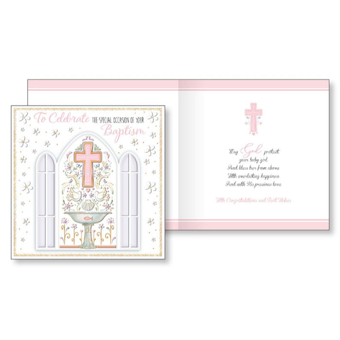 To Celebrate The Special Occasion Of Your Baptism Handcrafted Greetings Card For A Girl, Blessing Prayer On The Inside