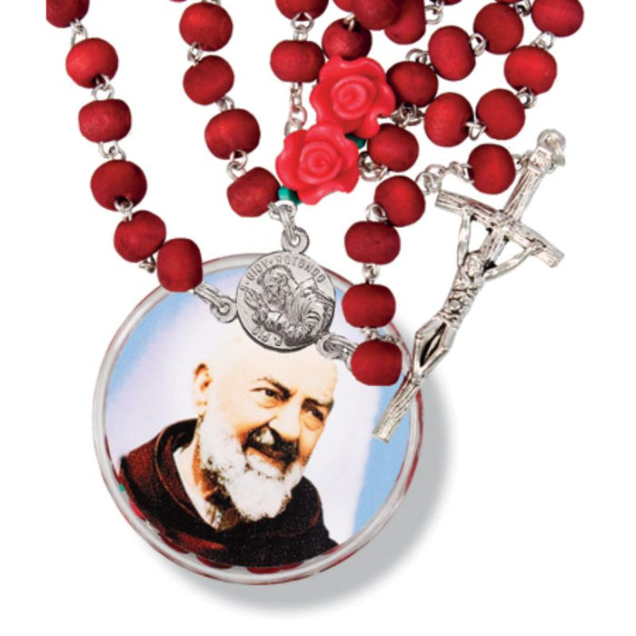 St Padre Pio Rose Scented Rosary Beads, With heart shaped Our Father Beads