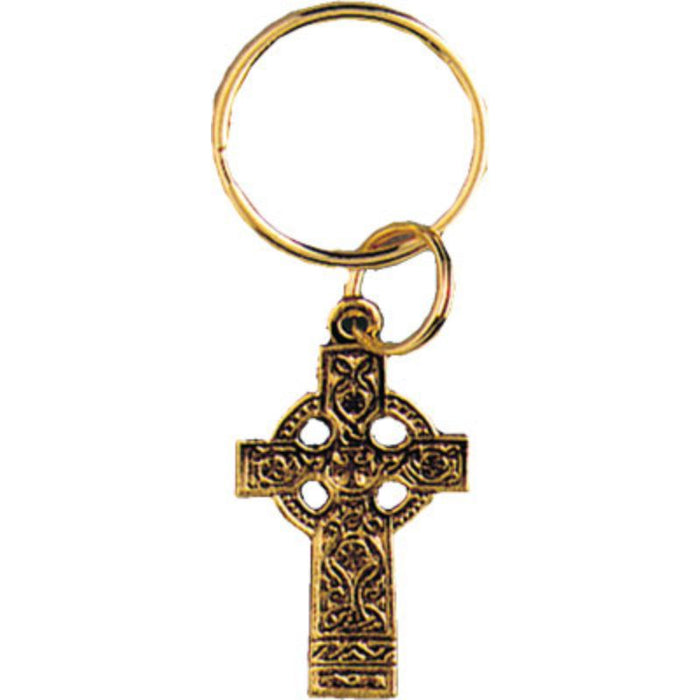 Celtic Cross Keyring, Gold Coloured Metal Cross 1.75 Inches High