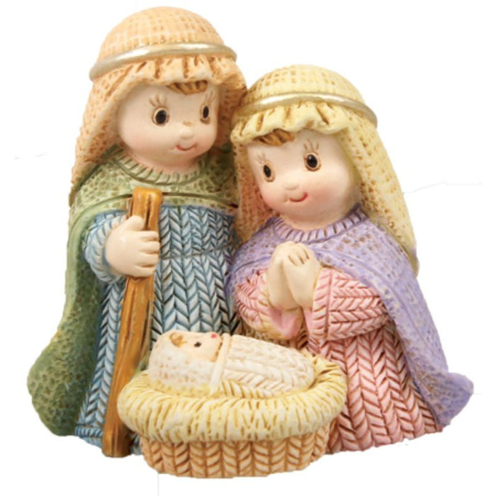 Knit Effect Holy Family Nativity Crib Figures With Staff, 5cm / 2 Inches High Handpainted Resin Cast Figurines