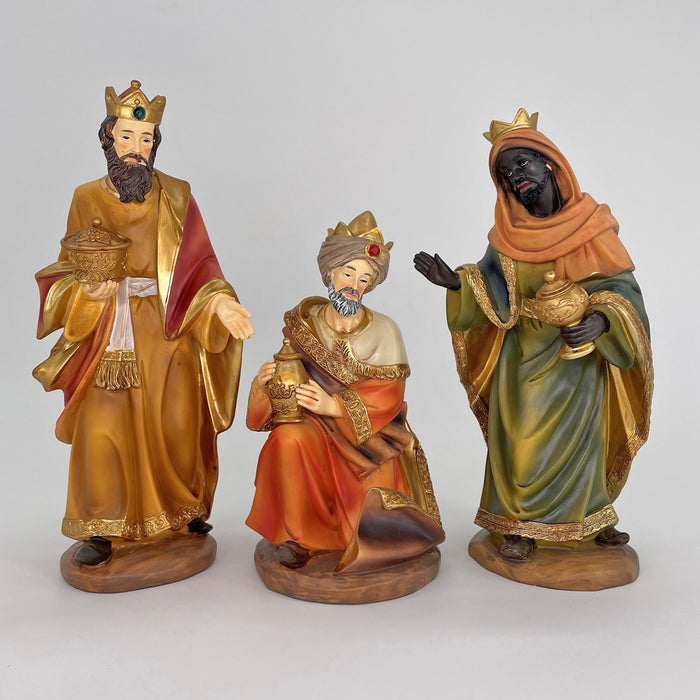 Nativity Crib Figures 25cm / 10 Inches High, Set of 11 Handpainted Resin Figures With Gold Highlights