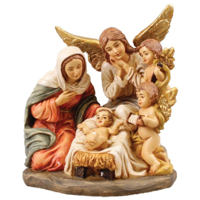 Baby Jesus and Mother Mary Nativity Scene With Angel & Cherubs, 12.5cm / 5 Inches High Handpainted Resin Cast Figurine ONLY 1 X AVAILABLE