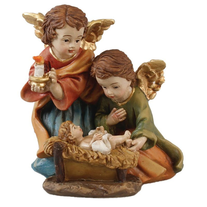 Nativity Crib With Angels, 10cm / 4 Inches High Handpainted Resin Cast Figurines VERY LIMITED STOCK