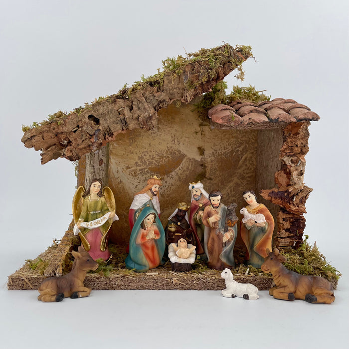 Nativity Crib Set, 11 Handpainted Figures 6cm / 2.25 Inches High and 25cm / 10 inches Wide Stable With LED Lights