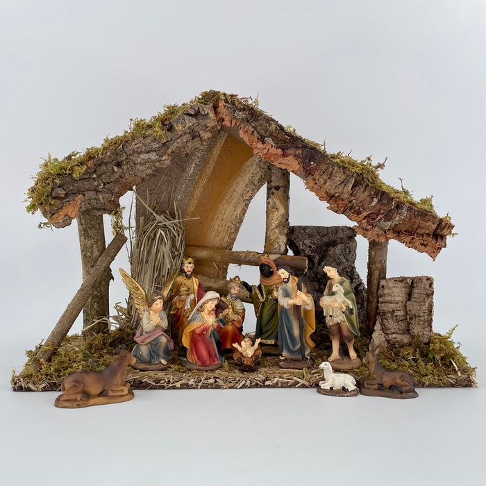 Nativity Crib Set, 11 Handpainted Resin Figures 9cm / 3.5 Inches High and 38cm / 15 Inch Wide Stable With LED Lights