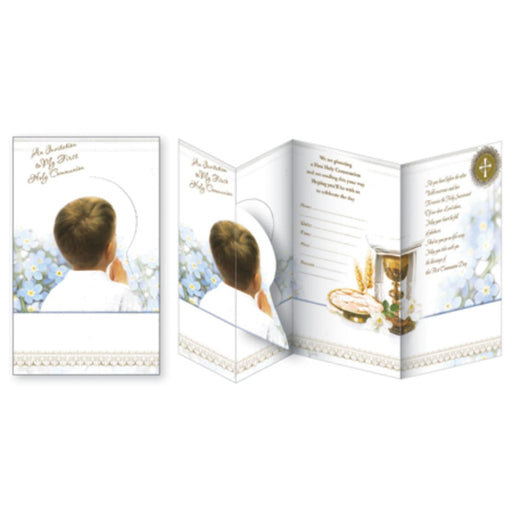 Catholic First Holy Communion Invitation Cards, An Invitation To My First Holy Communion, Pack of 12 Gold Stamped Invitation Cards Boy Design