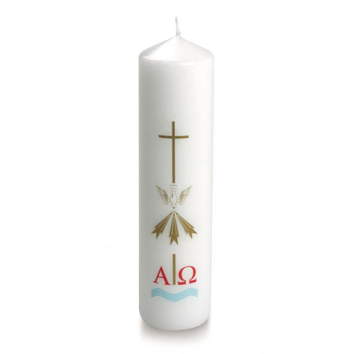 Baptismal or Christening Pillar Candle, Cross and  Dove Design
