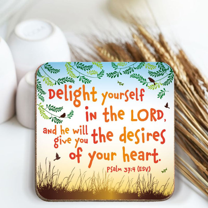 Delight Yourself In The Lord, Coaster With Bible Verse Psalm 37:4 Size 9.5cm / 3.75 Inches Square