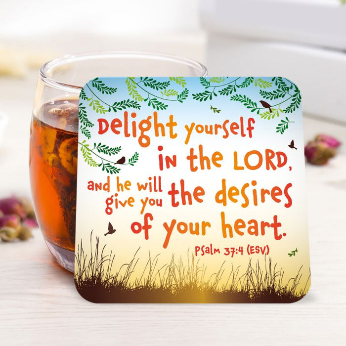 Delight Yourself In The Lord, Coaster With Bible Verse Psalm 37:4 Size 9.5cm / 3.75 Inches Square